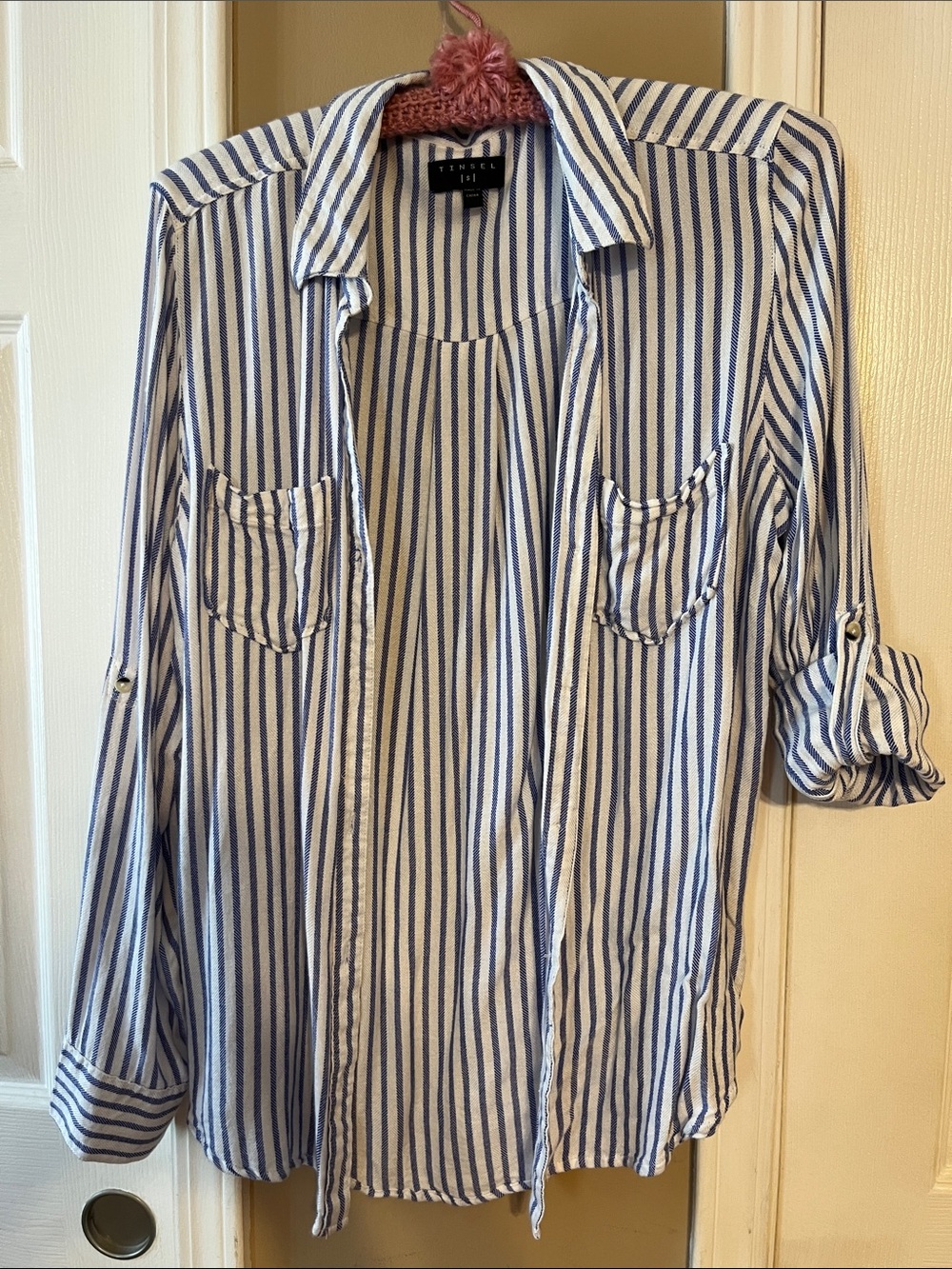 Women’s striped navy and white button down